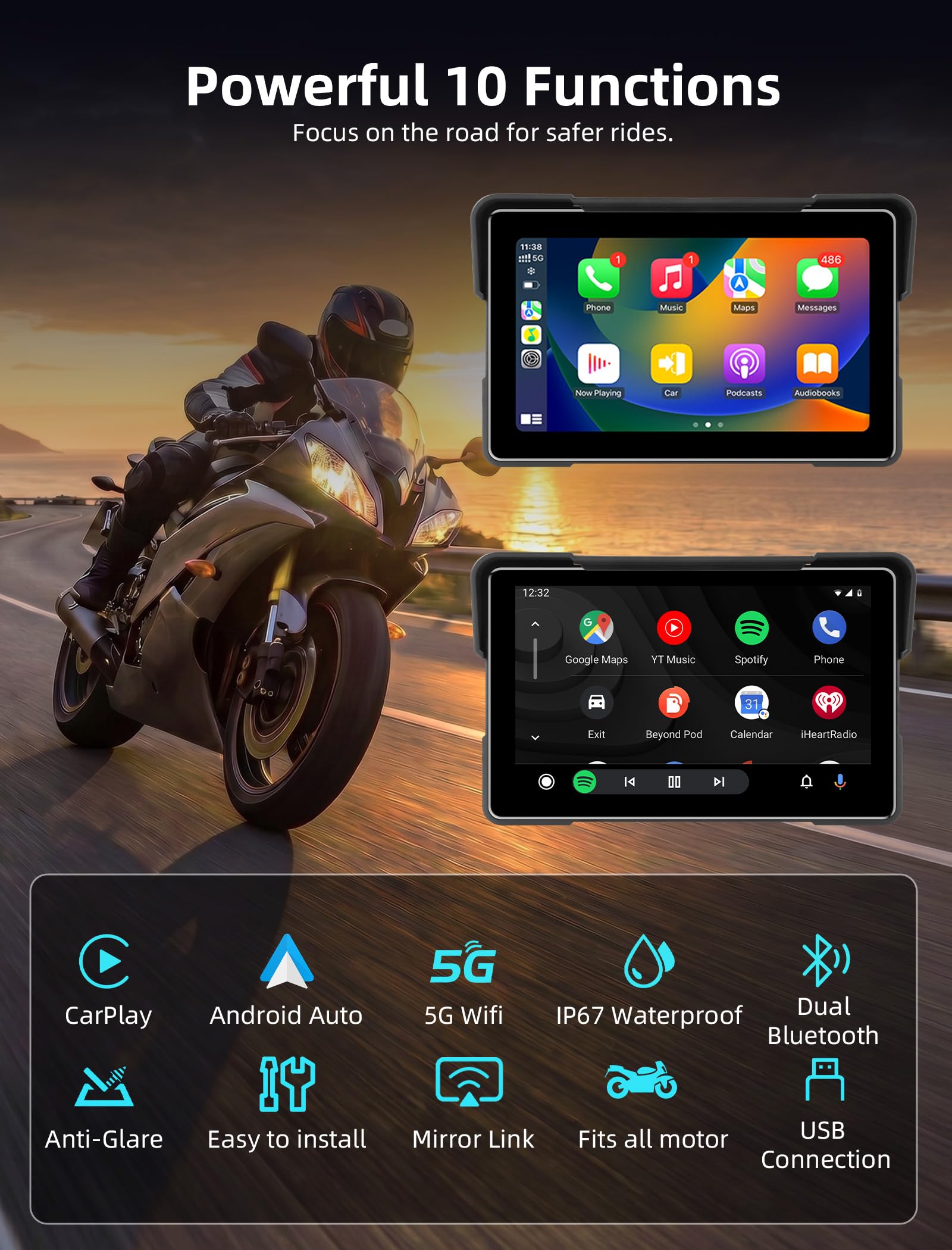 Jansite Carplay Moto da 7 Pollici Navigatore Andrpid Auto Display Impermeabile IPS 2.5D Bluetooth Siri/Assistente Google