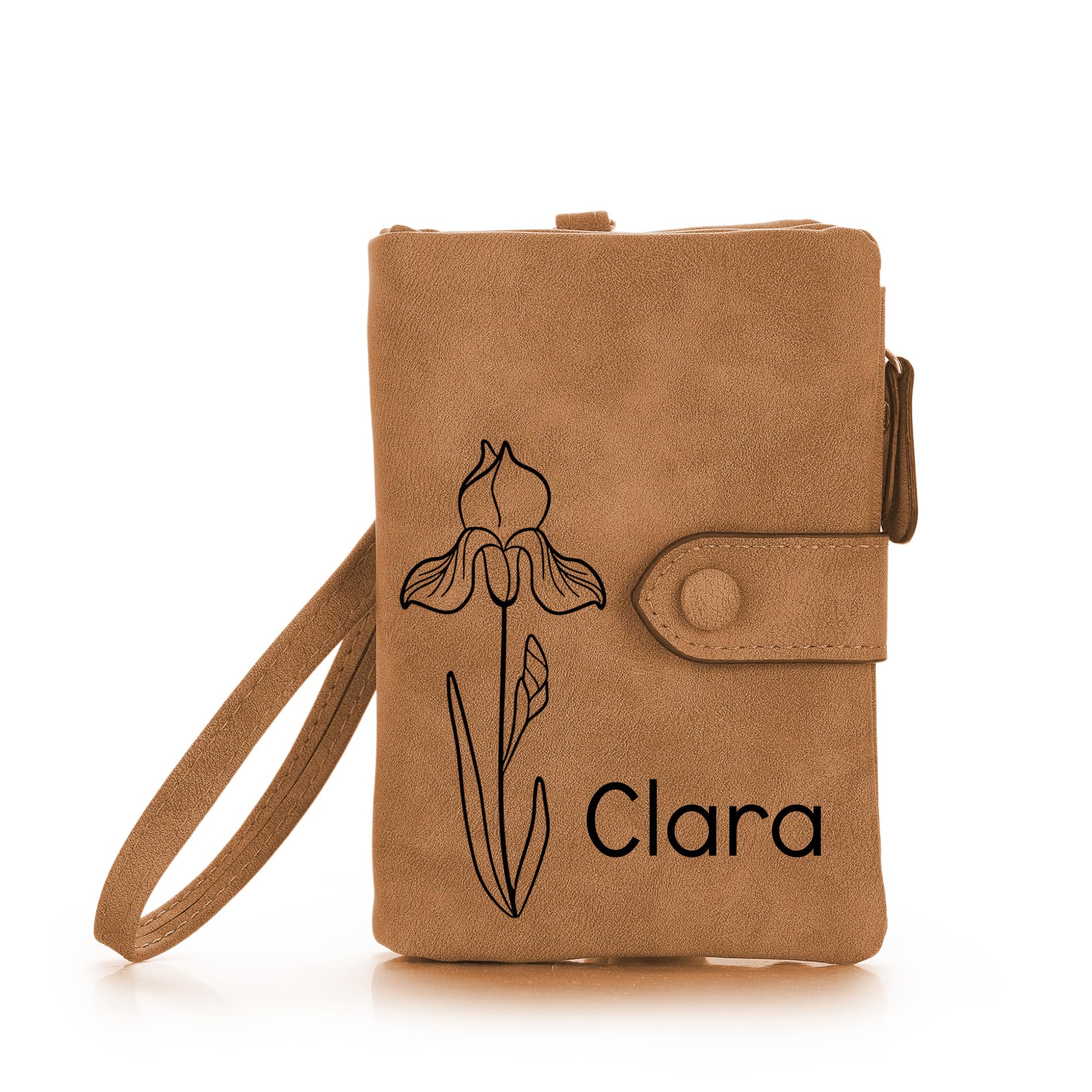 OTXIXTO Personalized Leather Wallets for Women Wallets with Zipper Coin Purse with Wrist Strap Small Ladies Wallet with Name Birth Flower Leather