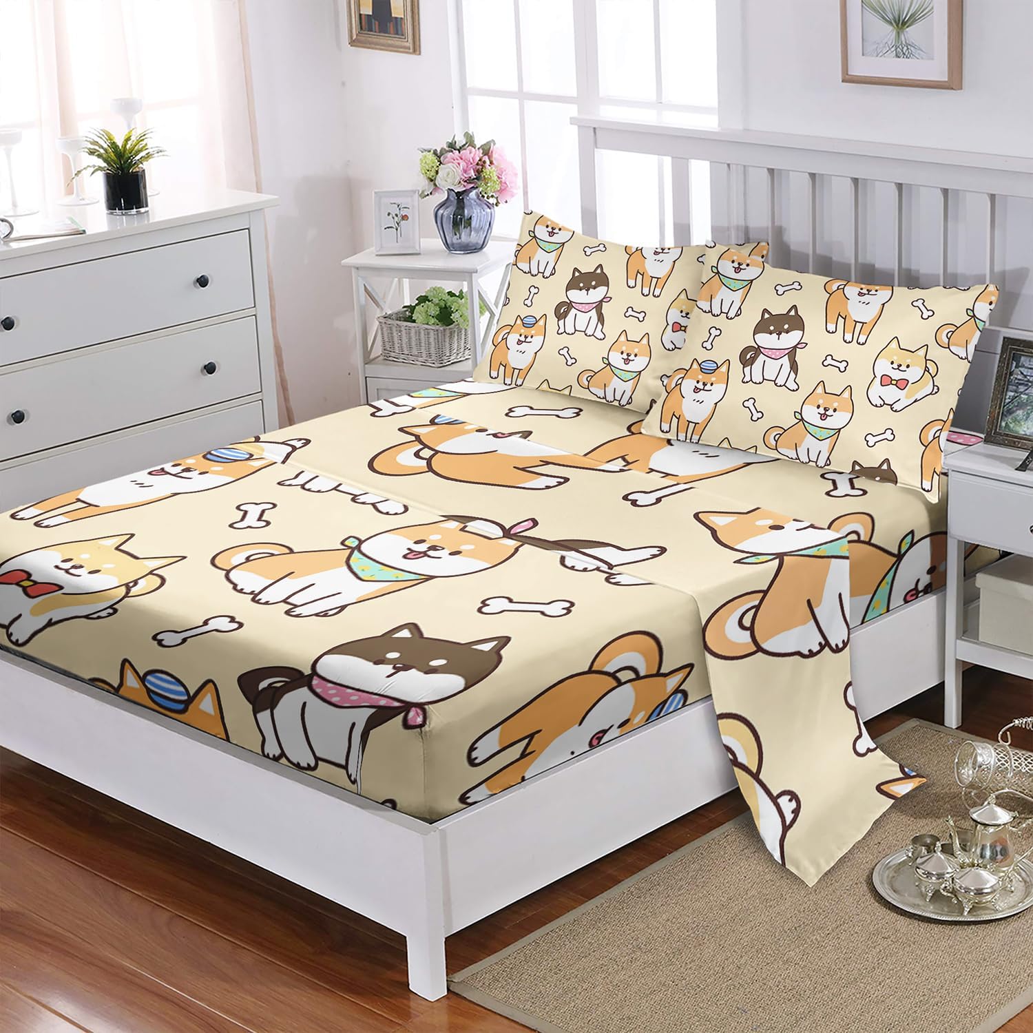 Kawaii Cartoon Corgi Dog Animal Themed Bedding - 4Pcs Yellow Black Dogs Pattern - Cute White Bone Decor with 1 Flat Sheet and 1 Fitted Sheet + 2 Pillowcases