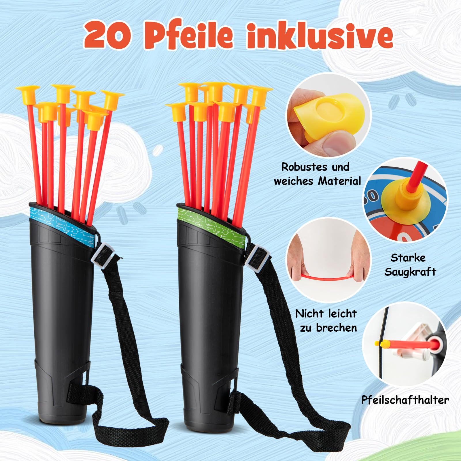 COSTWAY 2 er Set Boden und Pfeil Set, Bogenschießen Set mit LED Lichtbögen, 20 Pfeilen, 2 Köchern & Zielscheibe, 2 in 1 Kinderbogen stehend/hängend für drinnen und draußen für Kinder ab 3 Jahren