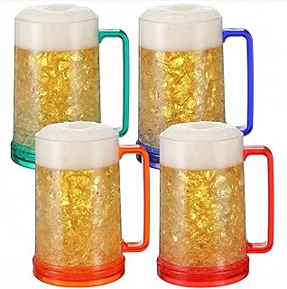 4 Pcs 16 OZ Double Wall Gel Frosty Freezer Ice Beer Mugs Plastic Beer Mugs for Freezer with Handles for Parties and Gifts
