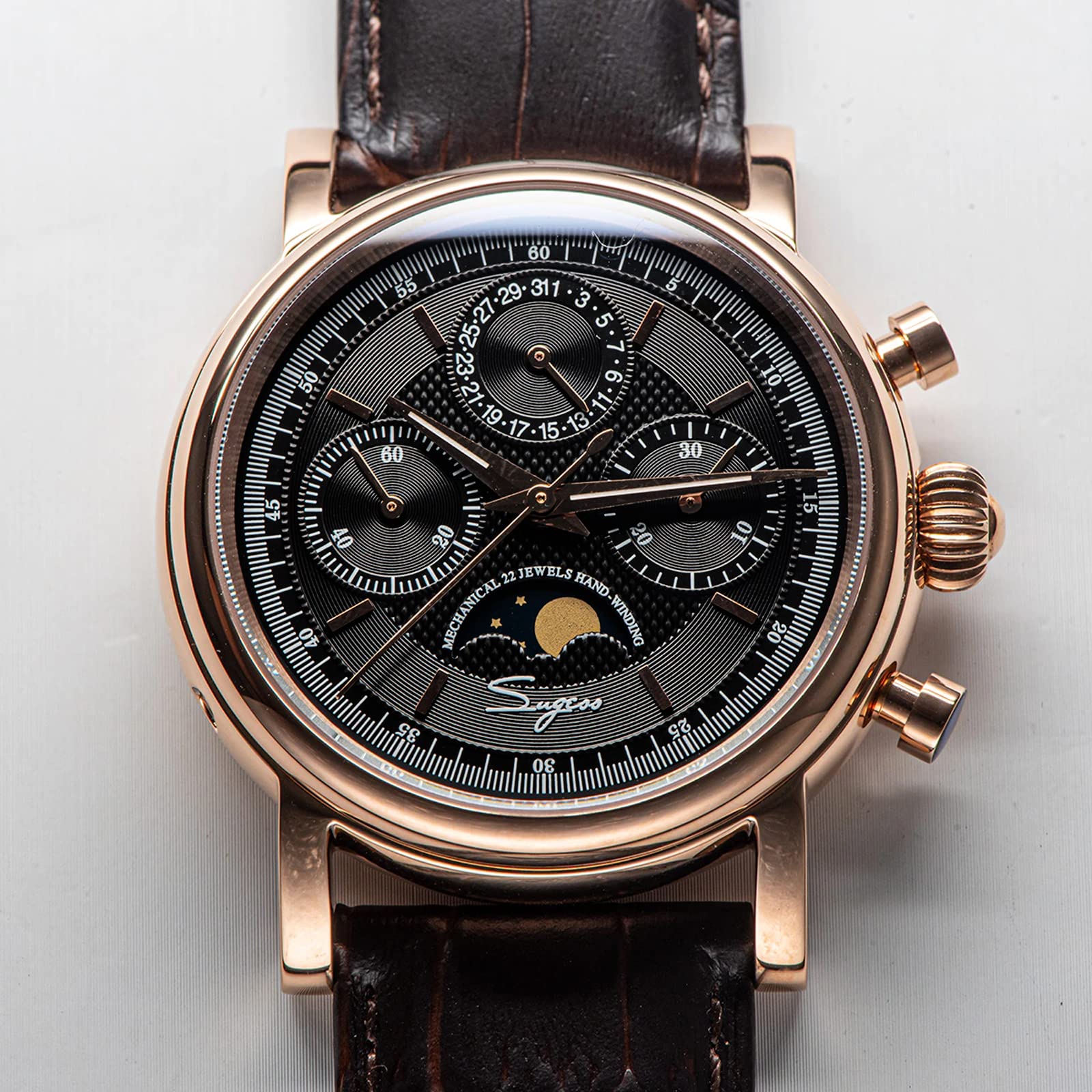 Sugess SU1908GZ Gold SWAN Neck MoonPhase Master Seagull ST1908 Uhrwerk Saphirglas Herren Chronograph Mechanische Uhr 1963