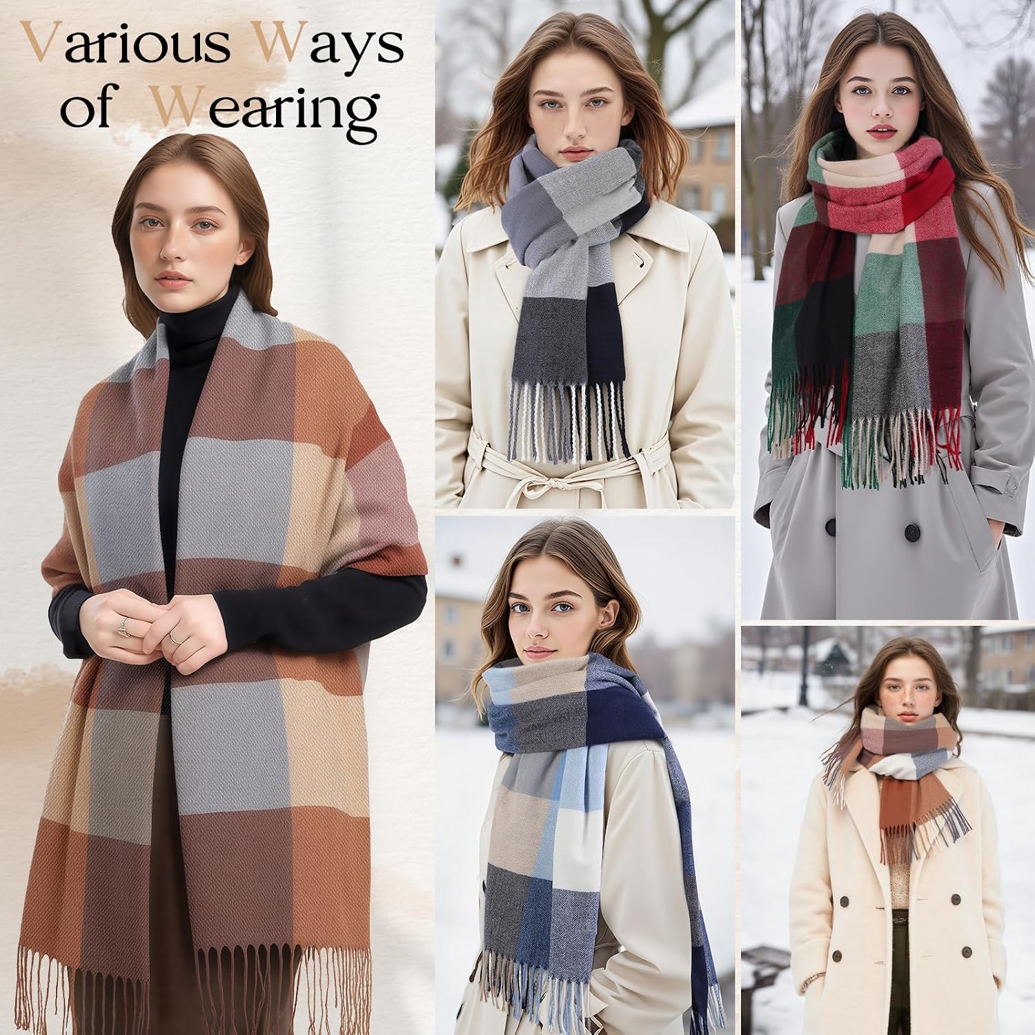 fauson Winter Scarf for Women, Winter Warm Women's Scarves, Soft Blanket Scarf Classic Tassel Plaid