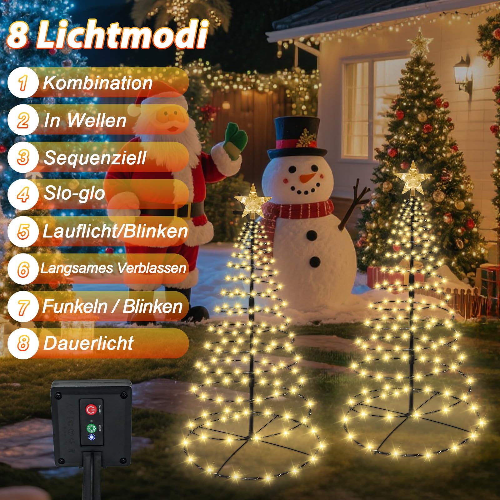 Łańcuch świetlny, 2 sztuki, spiralna choinka, 270 diod LED, 8 trybów, wodoszczelny – idealna dekoracja zewnętrzna na chodniki, podwórka, ogrody i ścieżki