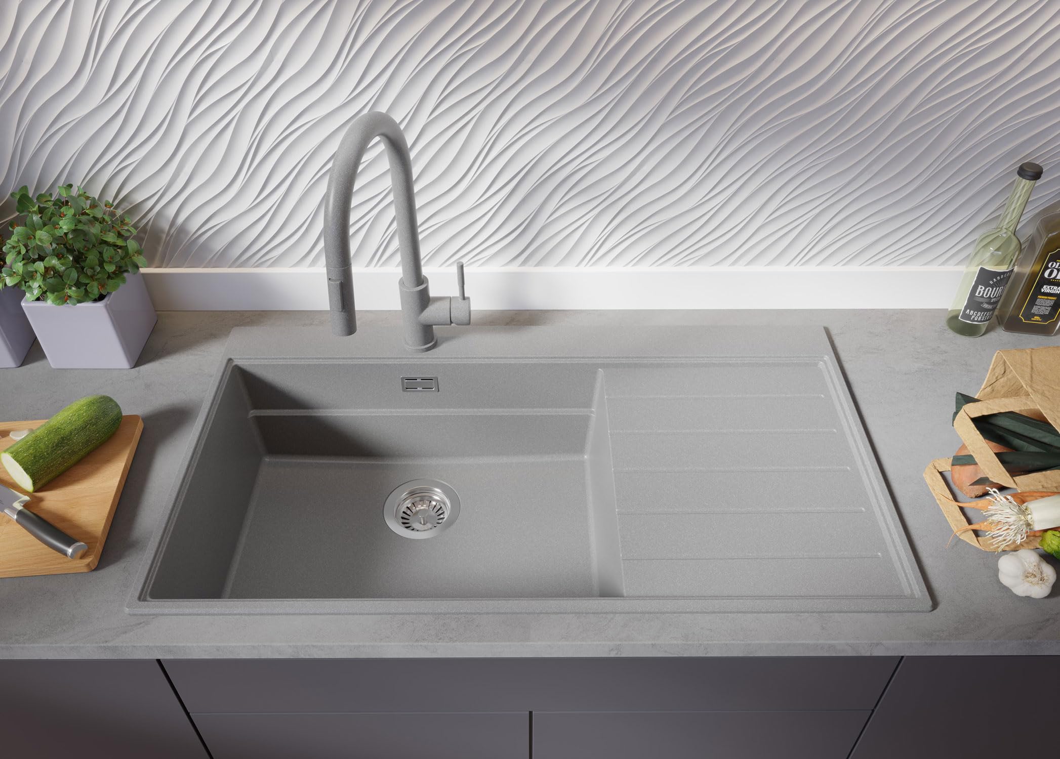 PRIMAGRAN Evier Cuisine en Granit au Meuble 60cm + Kit de Vidage, 90x50cm