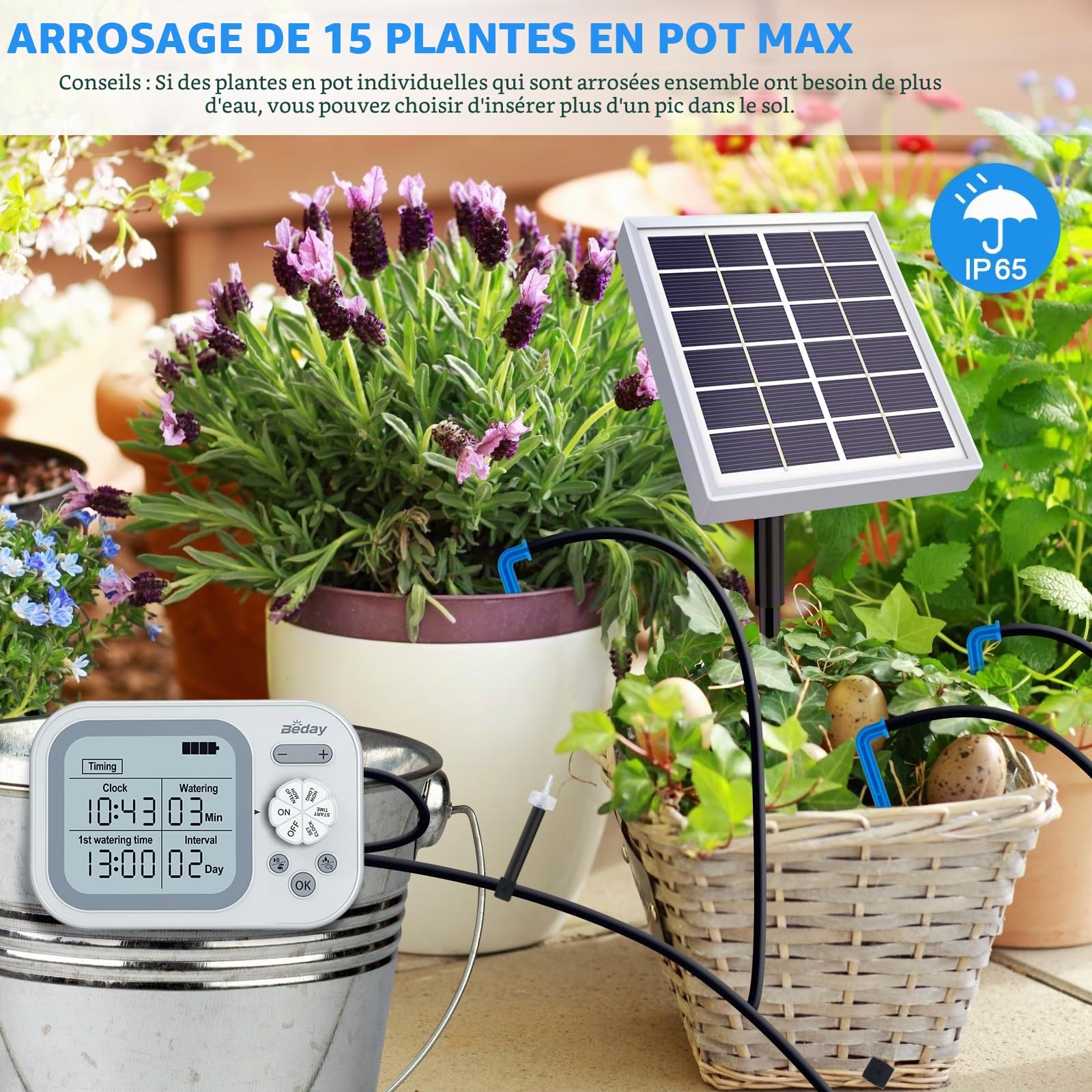 Beday Kit goutte à goutte solaire, minuterie autonome pour 15 plantes | Fonctionnement solaire; arrosage automatique; plastique caoutchouc; intérieur, balcon, jardin pour 15 pots