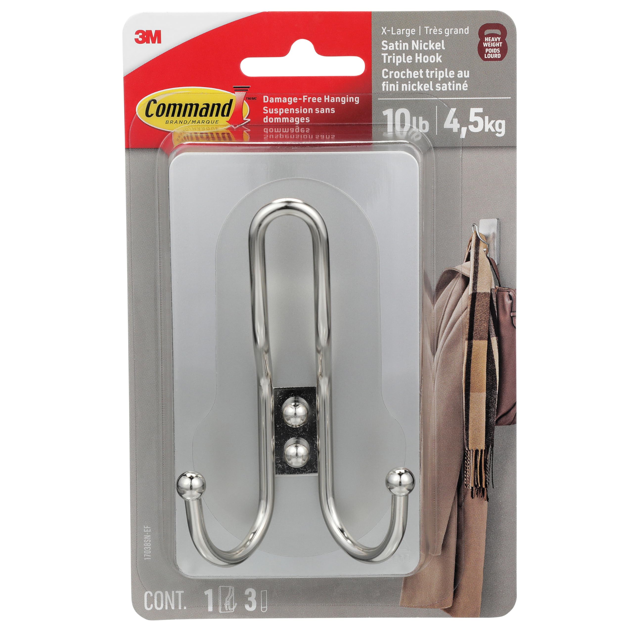 Command X-Large Satin Nickel Triple Hook, 1 Hook, 3 Strips, Damage-Free Hanging Wall Hooks with Adhesive Strips, No Tools Wall Hooks for Hanging Decorations in Living Spaces