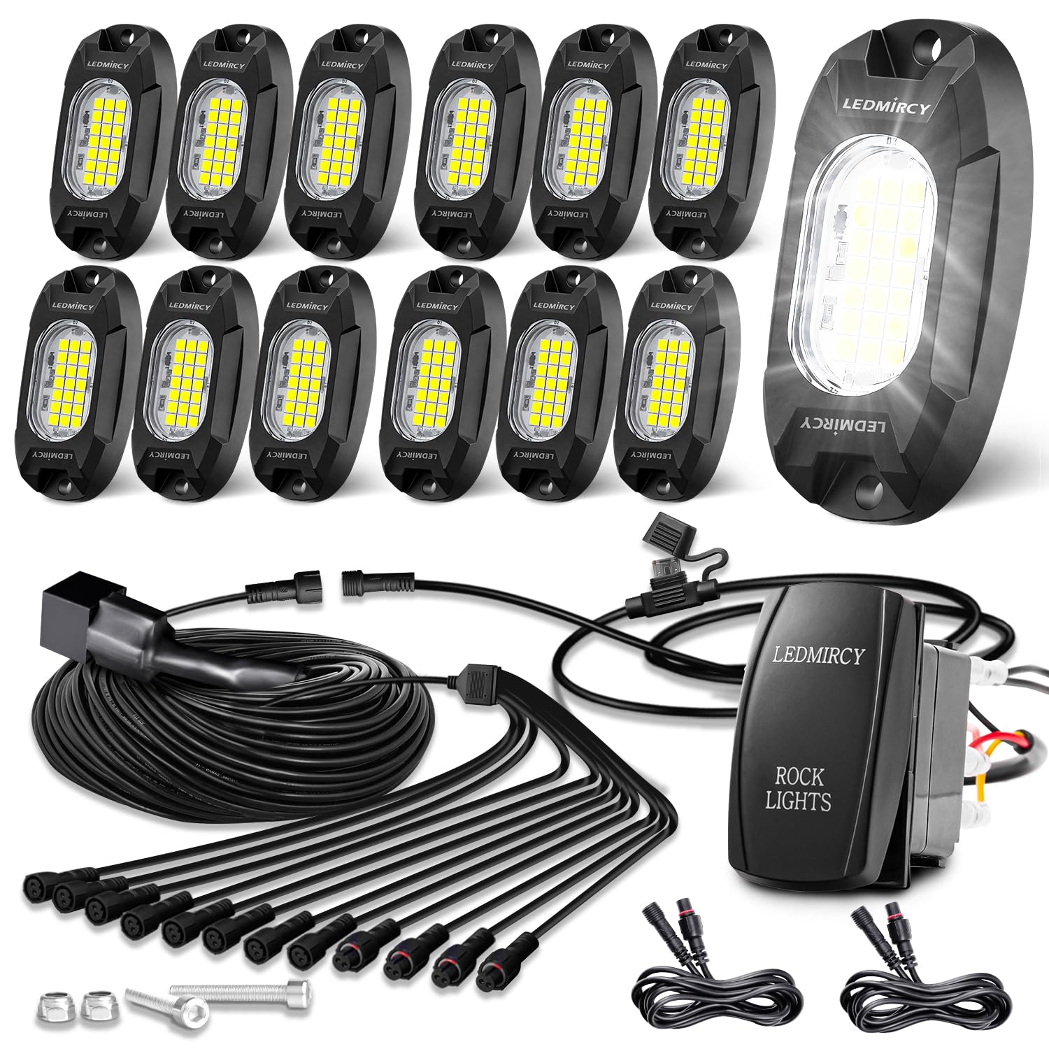 White Rock Lights,LEDMIRCY R6 LED Pure White Rock Lights 12PCS with Rocker Switch Wire Harness Kit for Trucks UTV Off Road Boat ATV Luces para Carro Super Bright High Power Light Waterproof Shockproof