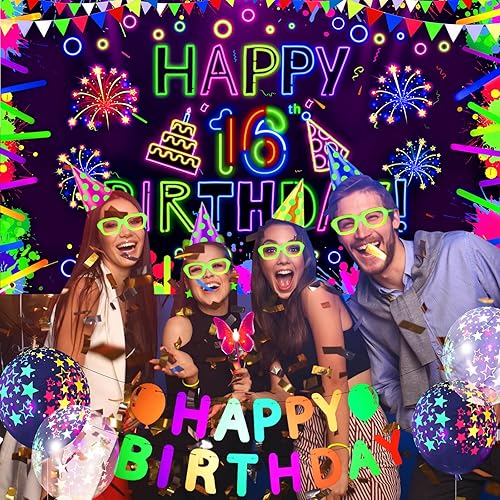 Miniatura 3 de Decoraciones de neón para fiesta de cumpleaños de 13 años, pancarta de fondo que brilla en la oscuridad, decoraciones de fiesta con luz negra UV