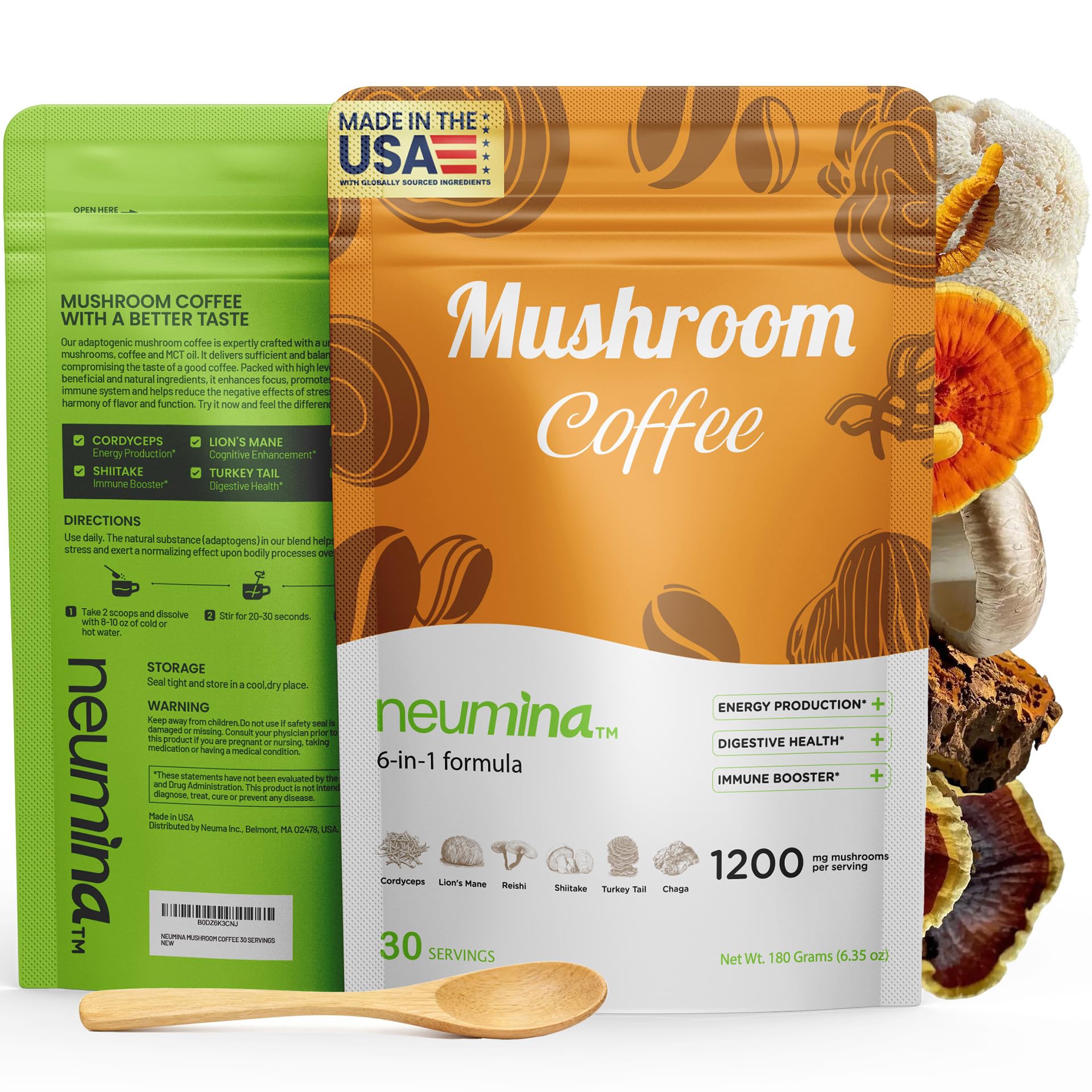 Neumina 6 in 1 Mushroom Coffee, Energy Reishi Mushroom Blend, 30 Servings