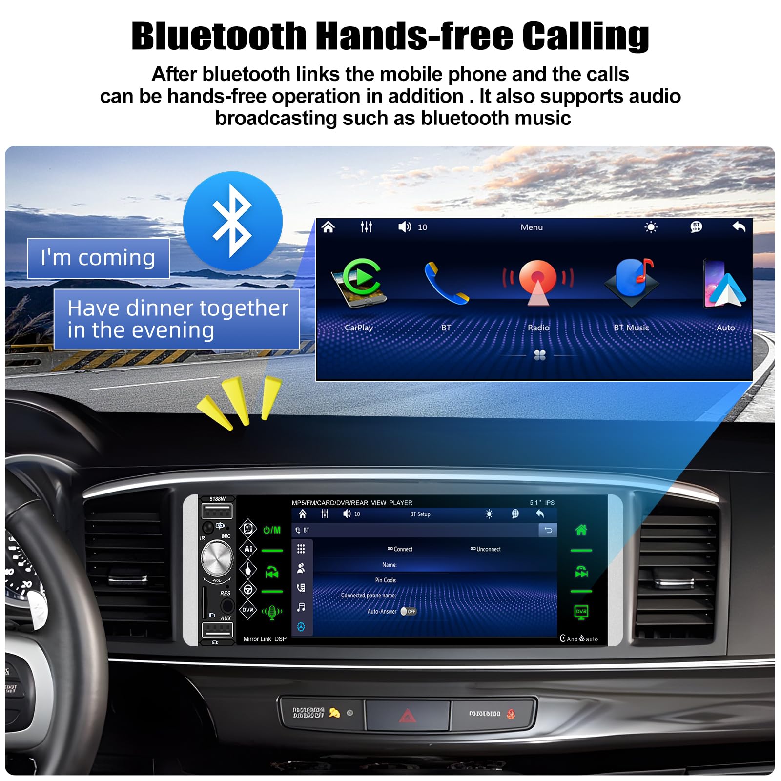 Wireless] SIXWIN Autoradio Bluetooth 1 Din CarPlay Android Auto Média Récepteur,5 Pouces Écran Tactile Lecteur Avec Bluetooth 5.0/FM/USB/AUX/SD /AUX-in/Lien Miroir+Mircphone