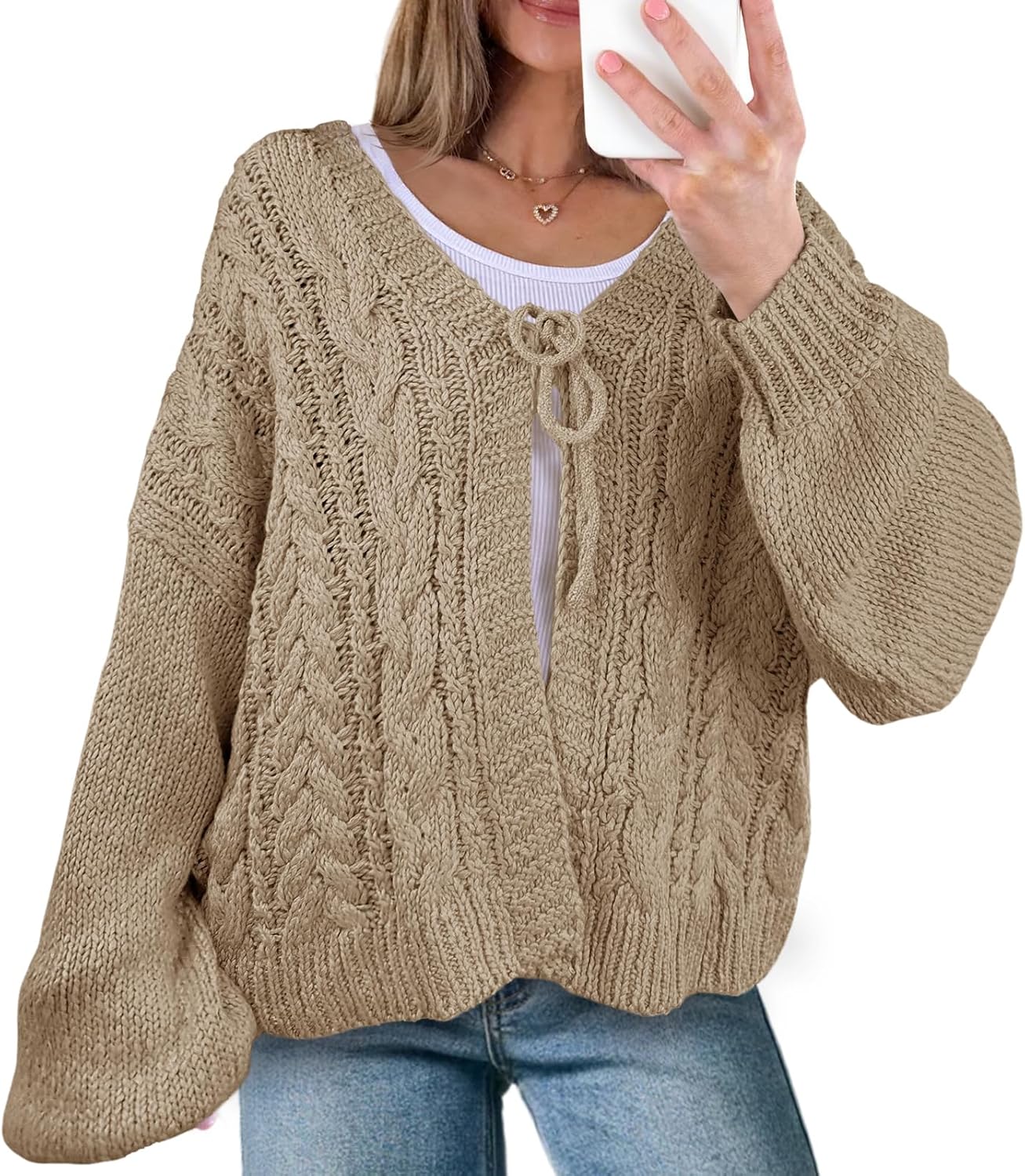 Saodimallsu Womens Tie Front Cardigan Sweaters Cable Knit V Neck Lantern Long Sleeve Casual Loose Sweater Coats