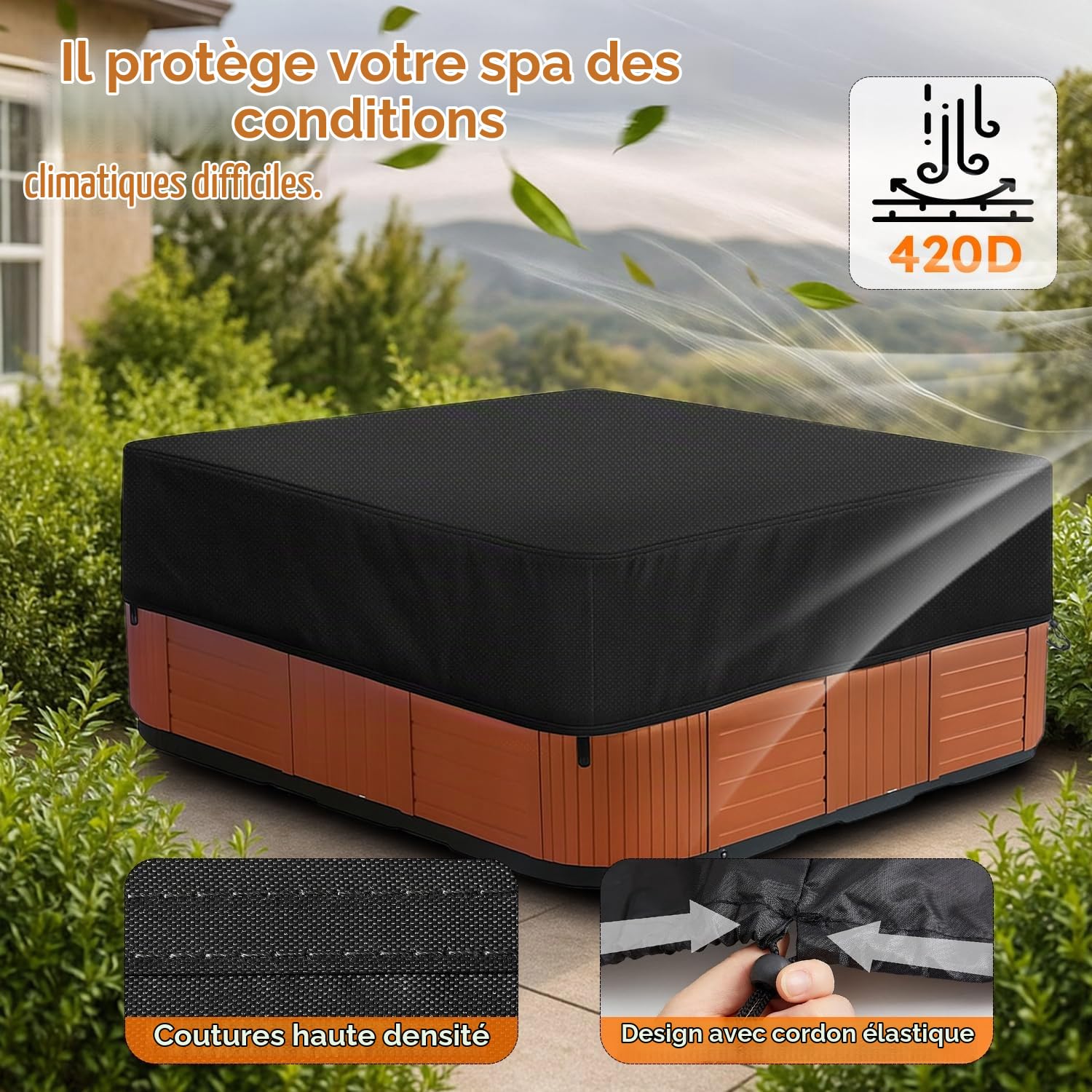Housse De Protection Spa Couverture,Bache Spa ImperméAble,Tissu Oxford 420D,Bain à Remous Étanche à la poussière et aux UV Coupe Vent - Noir (220 * 220 * 25 cm)