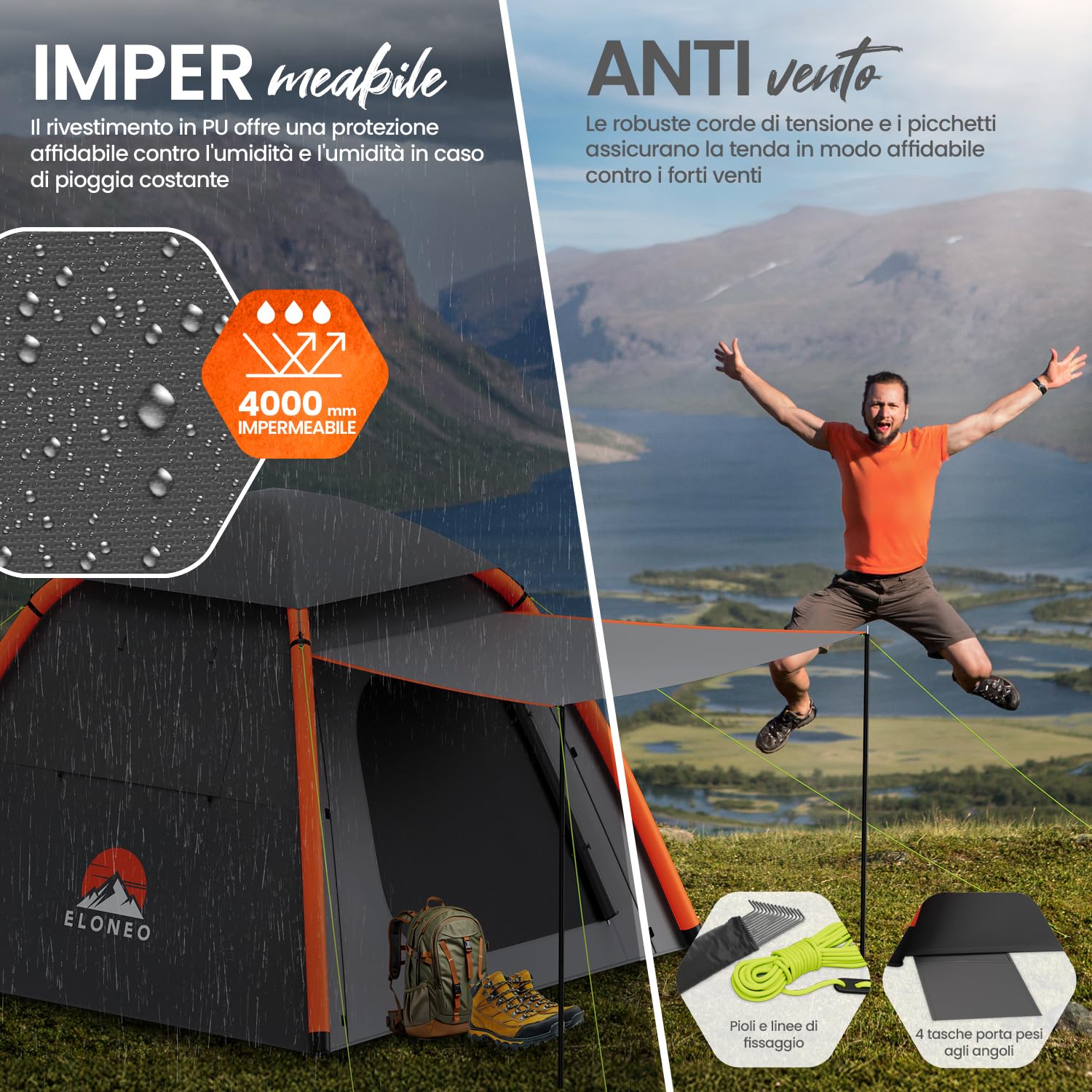 ELONEO Tenda gonfiabile con baldacchino e pompa d'aria, tenda da campeggio impermeabile, tenda ad aria ultraleggera, tenda gonfiabile, tenda glamping con luce LED gratuita