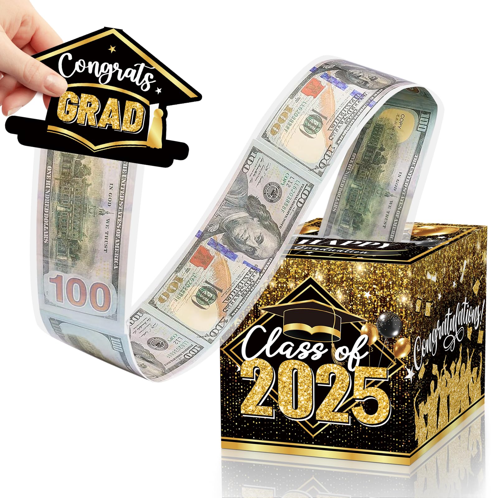Graduation Money Box for Cash Gift Pull, Black Gold Money Pull Box Gift 2025 Grad Suprise, Funny Graduation Party Gift Pull Money Cash, Graduation Money Holder for Cash with Pull Out Card DIY Set