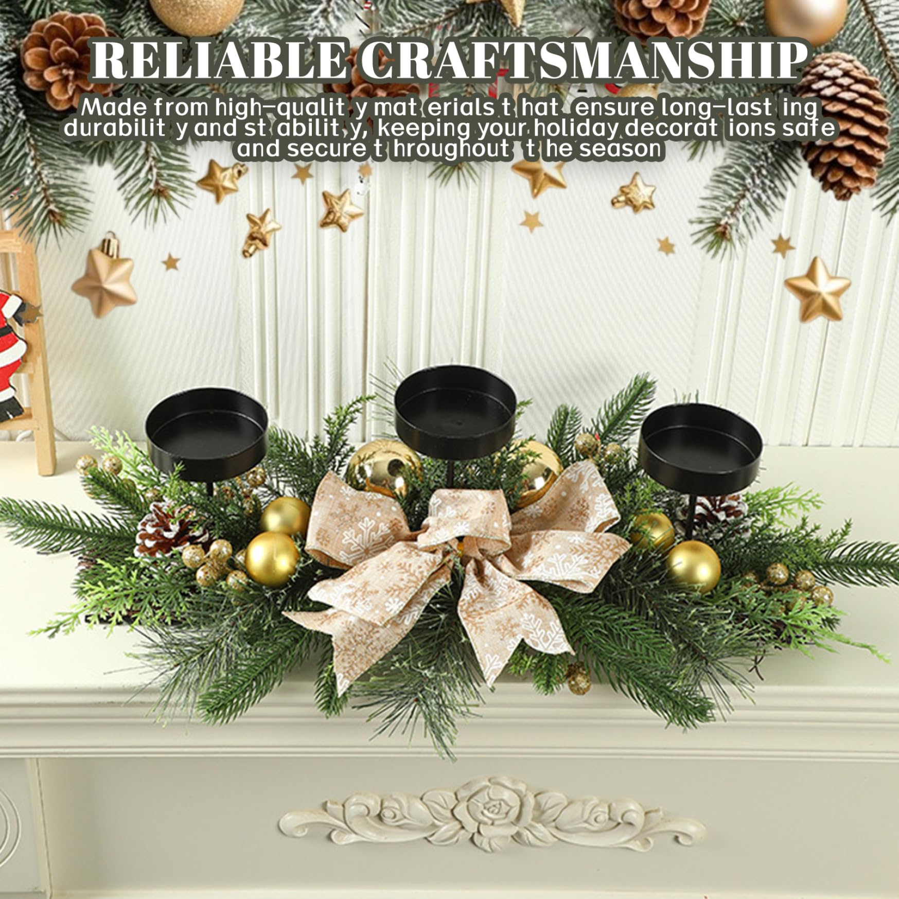 Candelabro navideño con 3 bandejas, centros de Mesa navideños con Lazo, Adornos, Bayas y Agujas de Pino para decoración navideña de Mesa de Fiesta