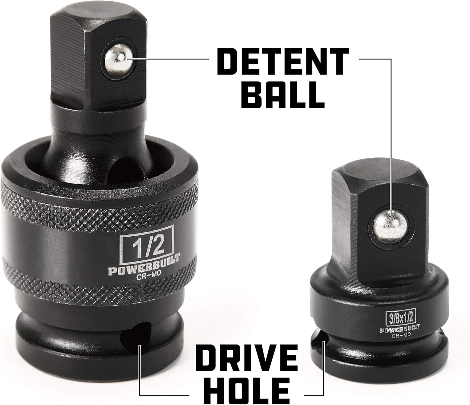 Powerbuilt 7 Piece Impact Socket Universal Joint and Adapter Set, 1/4" 3/8" 1/2" Drive, 4 Piece Adapters and 3 Piece Flexible Socket Swivel U-Joint, Impact Grade Chrome-Moly made - 647095