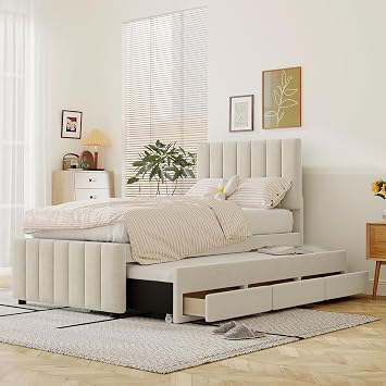 Linen Fabric Upholstered Platform Bed Twin Size with Trundle and 3 Drawers, Upholstered Platform Bed Frame with Stripe Headboard for Bedroom Guest Room, Space Savings Beige-79