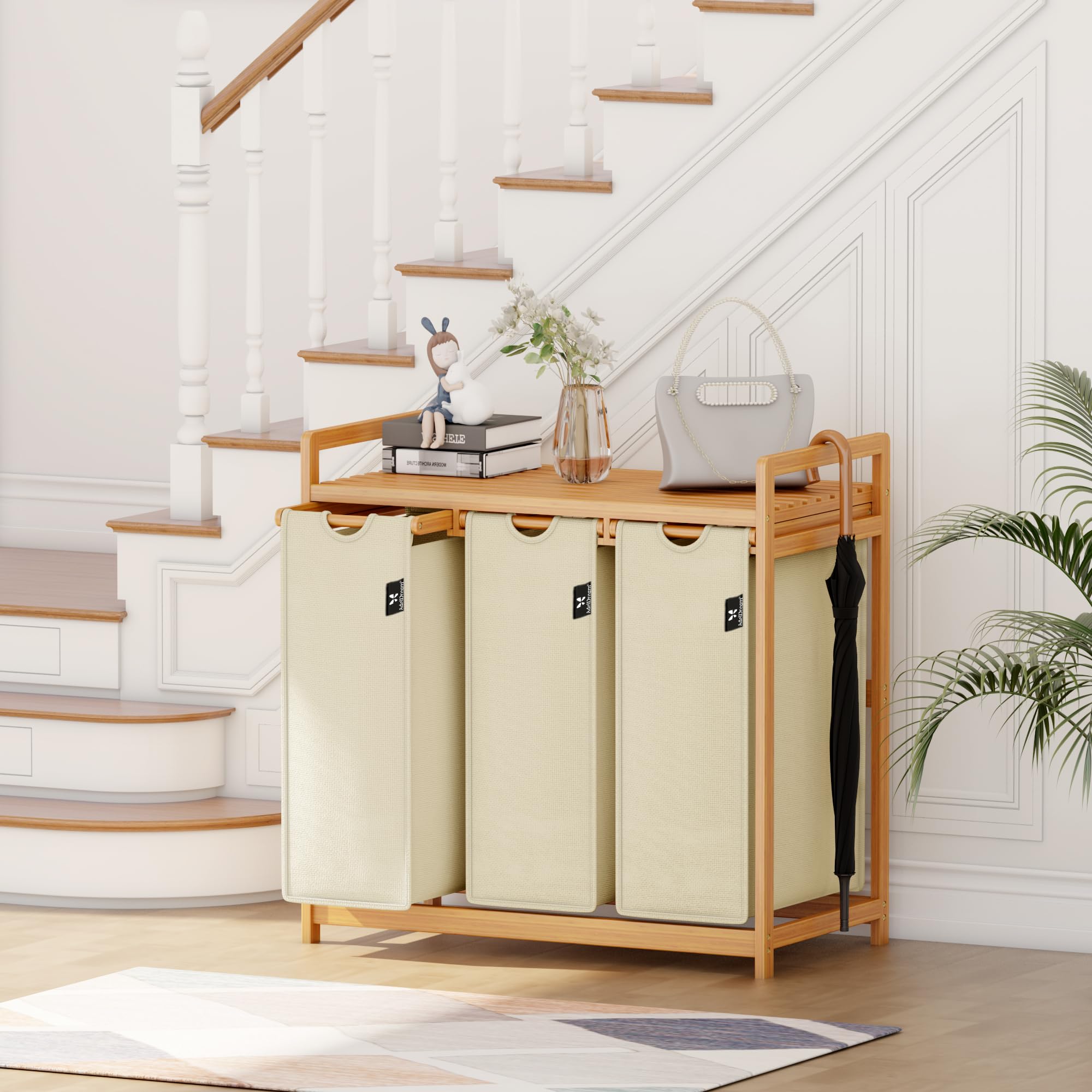 AdelDream Panier à linge 150L 3 compartiments avec étagères sac à linge extensible et amovible collecteur de linge cadre en bambou boîte à linge tri du linge Bambou Beige