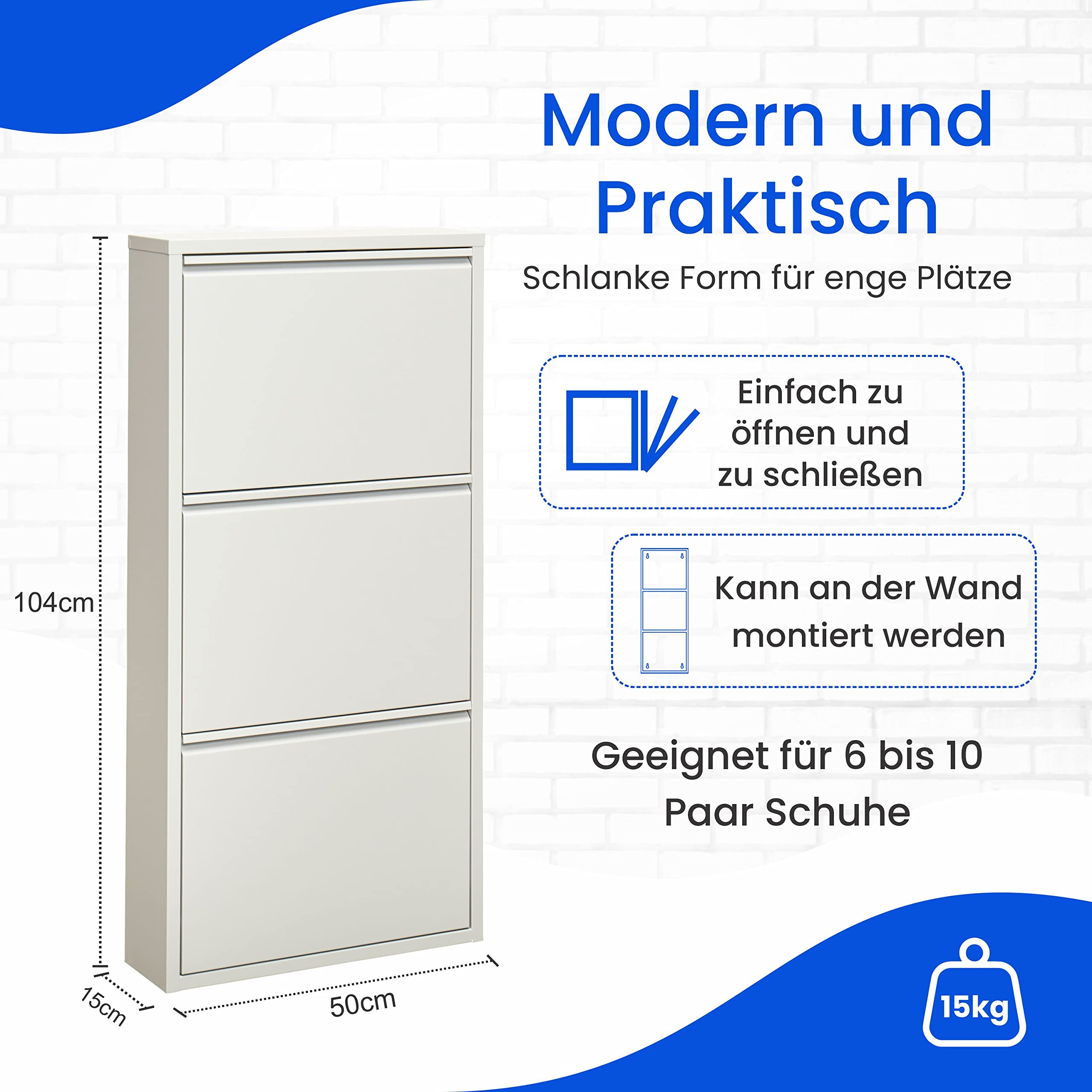 VEEHAUS Schuhregal Metall Schuhschrank Hoch Schuhkipper mit Magnetische Abdeckung Montiert Schmal und Wandmontage (Weiß, 3 Klappen)