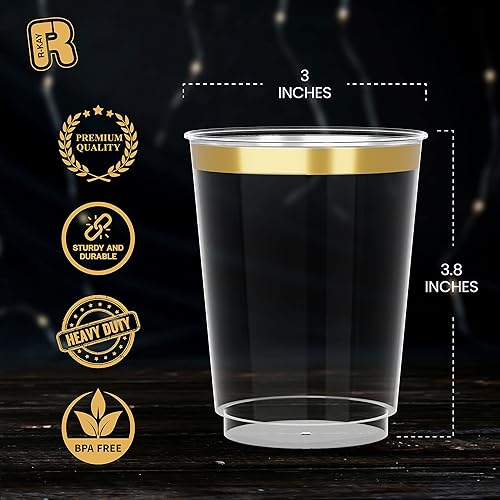 Miniatura 5 de Vasos de plástico dorados para fiesta, paquete de 100, vasos transparentes de 10 onzas, vasos desechables duros, vasos dorados de alta resistencia,