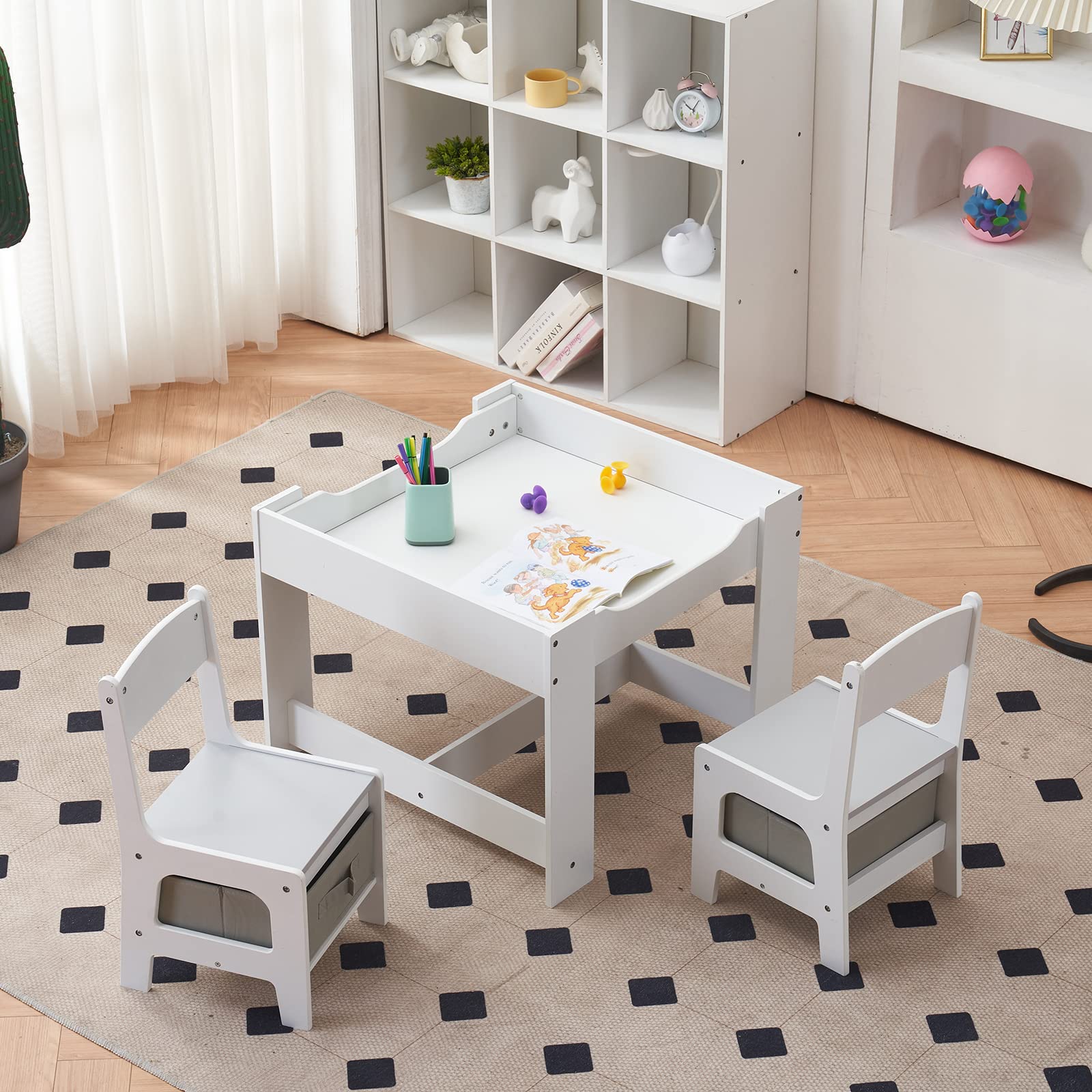 LEADZM Bureau pour Enfants, Table 3-en-1 avec 2 Chaises (3 pièces), à Dessin avec Espace de Rangement en Bois - Table Polyvalente pour Manger, Étudier et Jouer (Gris)