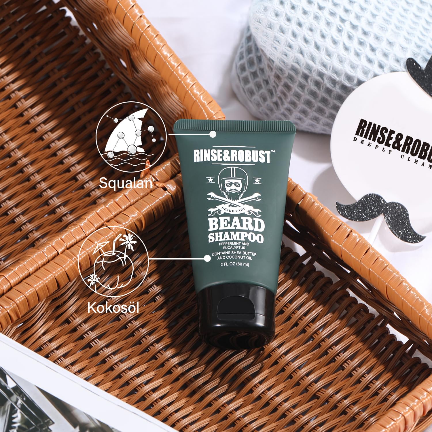Rinse&Robust Kit de rinçage pour barbe 8 pièces avec sac de voyage, parfum eucalyptus, brosse à barbe, peigne à barbe, ciseaux à barbe, shampoing à barbe