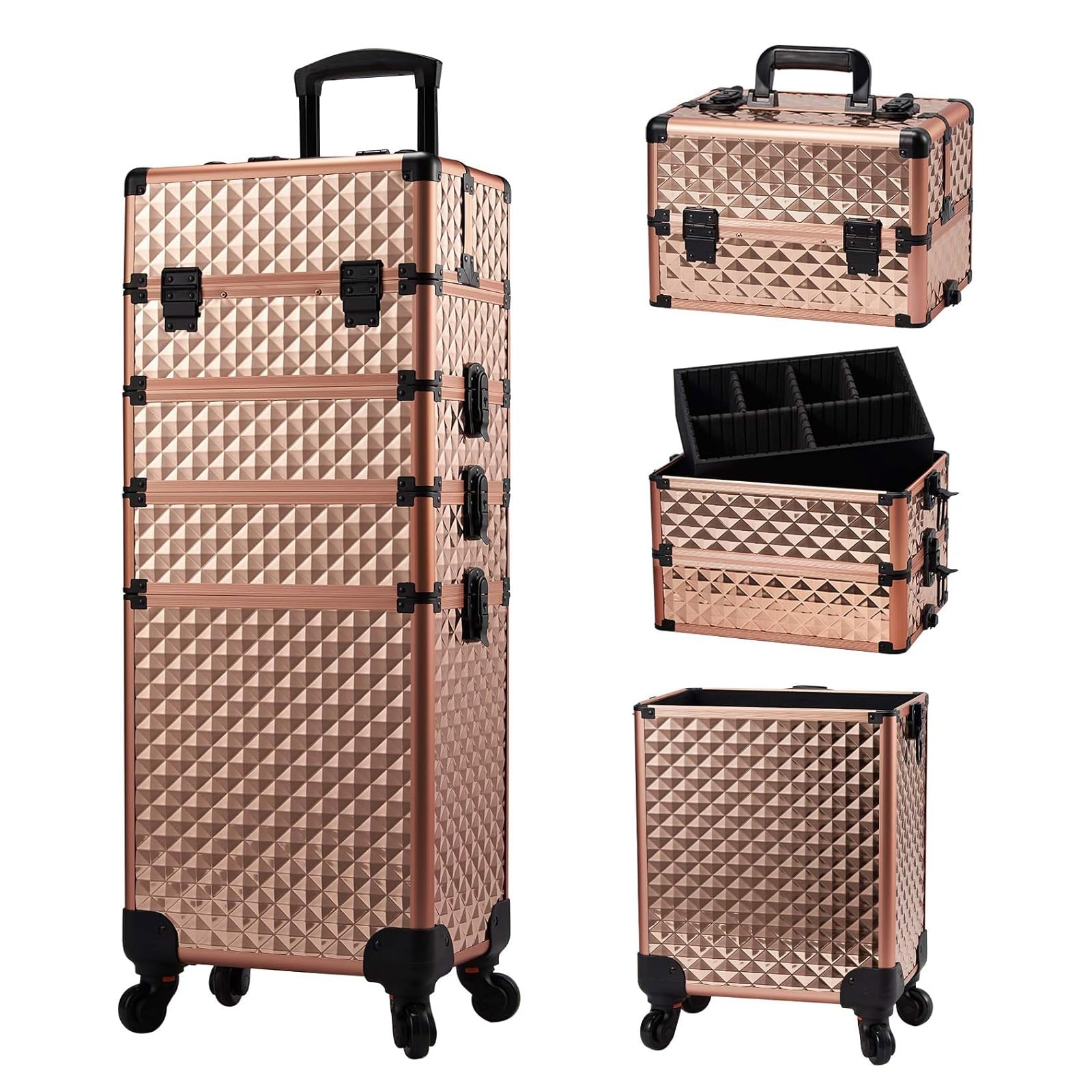 Maleta Maquillaje 4 en 1 Maletin Maquillaje Rueda de Gran Capacidad Caja Maquillaje Maletin de Cosméticos portátil con Cerradura Organizador de Maquillaje, Oro Rosa
