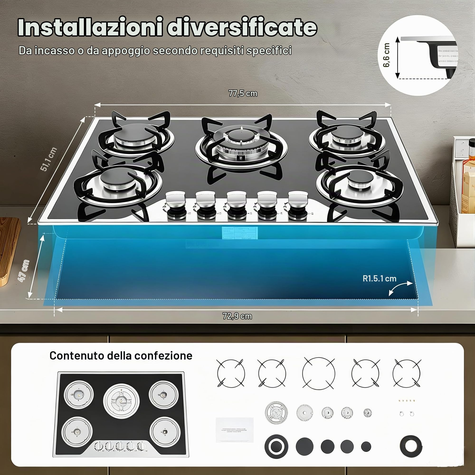 Piastra di cottura a gas, Piano cottura a gas 5 fuochi, Piano cottura a gas 5 bruciatori, piastra a gas da incasso in vetro da 7mm con accensione elettronica, regolazione della fiamma a
