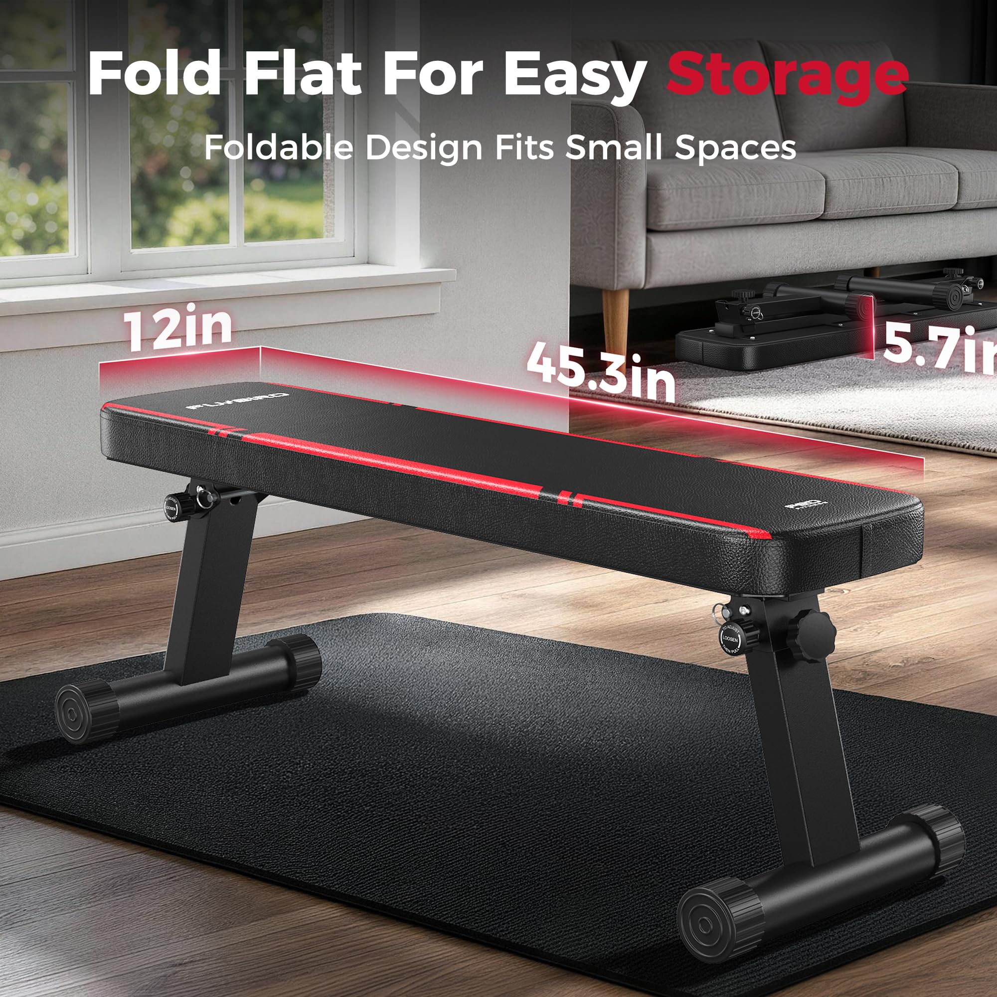 Foldable Flat Weight Bench for Home Gym, 1000 lbs Capacity with Dual Locking for Strength Training, Easy Setup & Storage for Small Apartments, Lifting, Hip Thrust, Dumbbell Workout