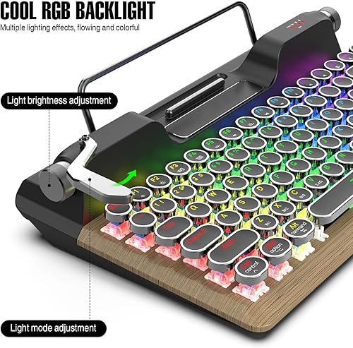 Miniatura 6 de Yoidesu Mechanical Keyboard, Bluetooth 5.0 Computer Keyboards with 84 Key Blue Switches, Punk Round Keycap, RGB Backlight, Retro Typewriter