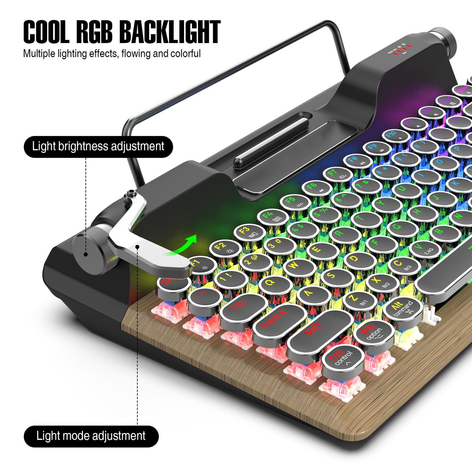 VBESTLIFE Retro Maszyna do Pisania Bezprzewodowa Klawiatura Gier Mechanicznych z Bluetooth 5.0, 84 Klawisze, Niebieskie Przełączniki, Punkowa Okrągła Keycap, Podświetlenie RGB, Odpoczynek