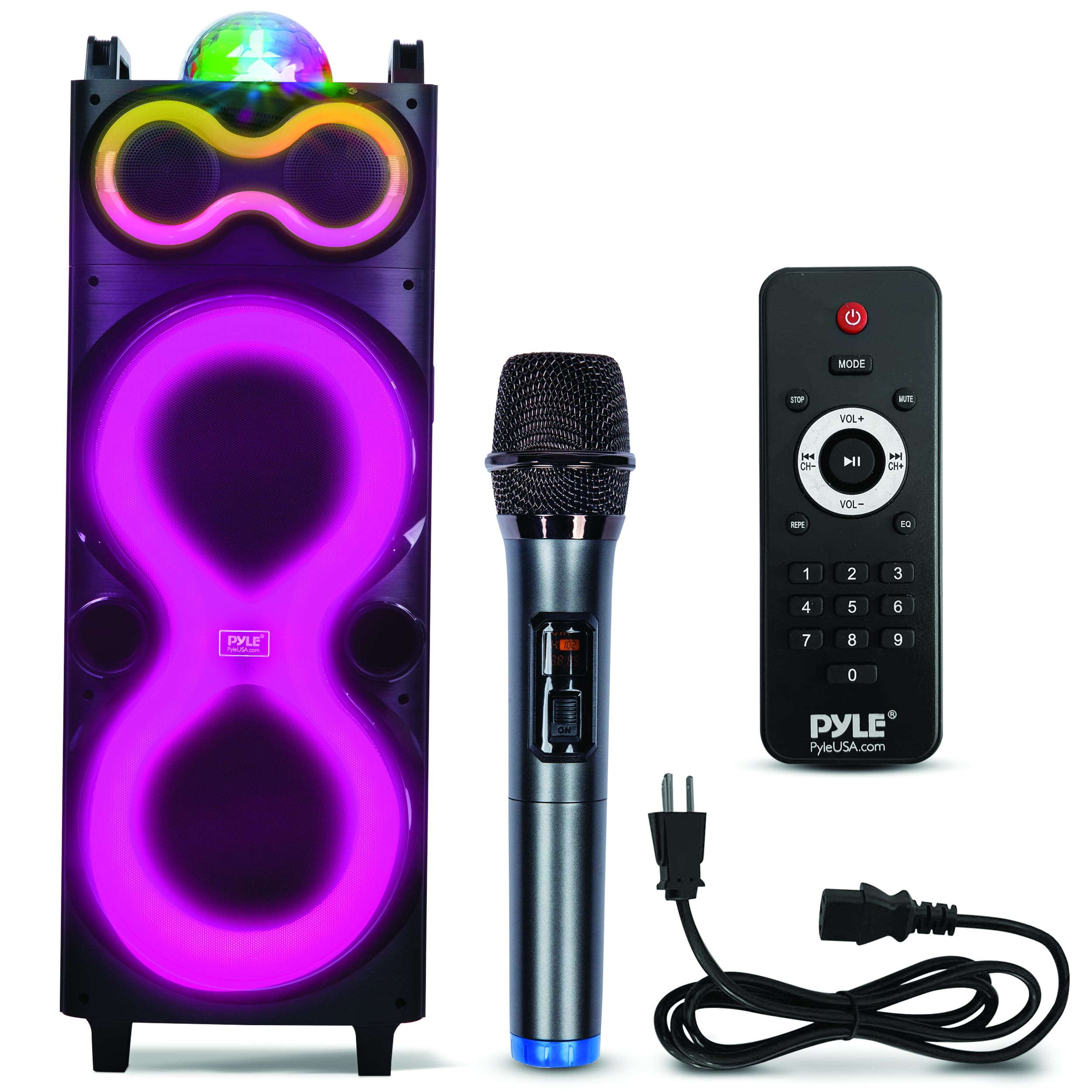 Pyle Bluetooth Speaker System with Wireless Mic, 240W PA and Karaoke Machine, Dual 10" Inch Speakers, Rechargeable Battery, USB/SD/AUX/FM Radio, LED Lights, Outdoor/Indoor Party Audio