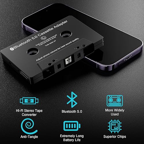 Miniatura 5 de Adaptador auxiliar de audio de casete para automóvil, receptor de casete inalámbrico Bluetooth 5.0, adaptador de casete a reproductor de cinta, para
