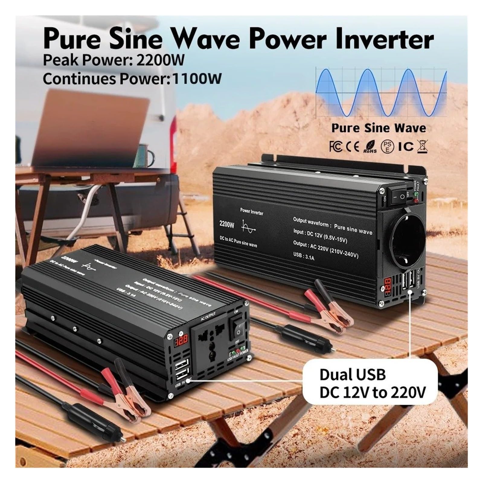 Convertidor Inversor Transformador Inversor Onda Sinusoidal Pura 1000W/1500W/2200W/2600W/3000W CC 12 V A CA 220 V Voltímetro LED Transformador Enchufe Universal UE(12V 50Hz,Europe,1500W)
