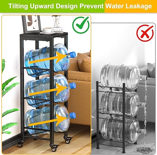 Miniatura 4 de Soporte para botella de agua de 5 galones, estante para jarra de agua de 3 niveles, soporte para jarra de agua con ruedas bloqueables, estante de