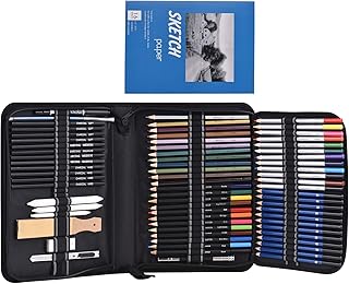 Queenser Conjunto de lápis de cor profissional de 71 peças Lápis de cor e kit de esboço Inclui lápis de cor Desenho Carvão Apontador de lápis Borracha Saco de armazenamento de papel de desenho Present