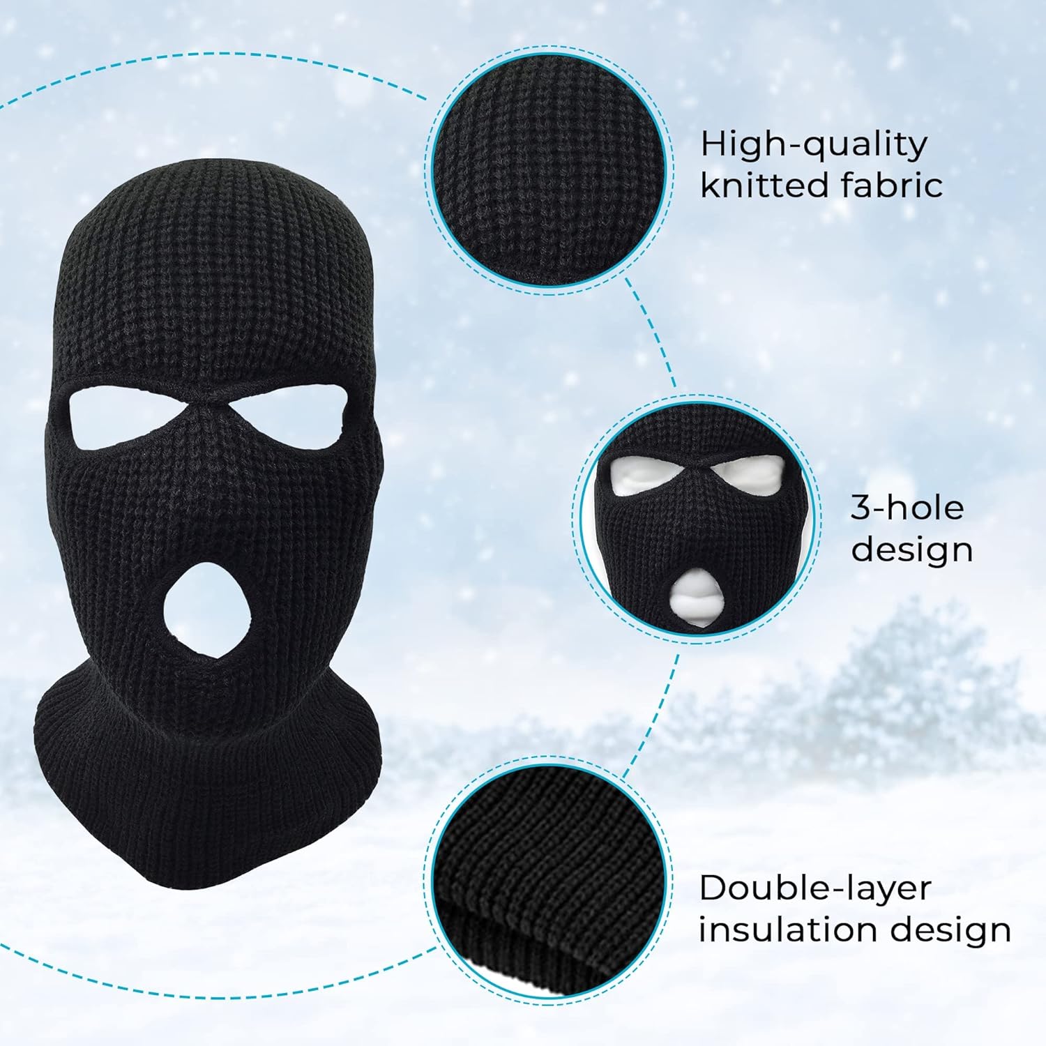 3 Hole Knitted Full Face Ski Mask Winter Balaclava Face Cover for Outdoor Sports (Black) - Image 4