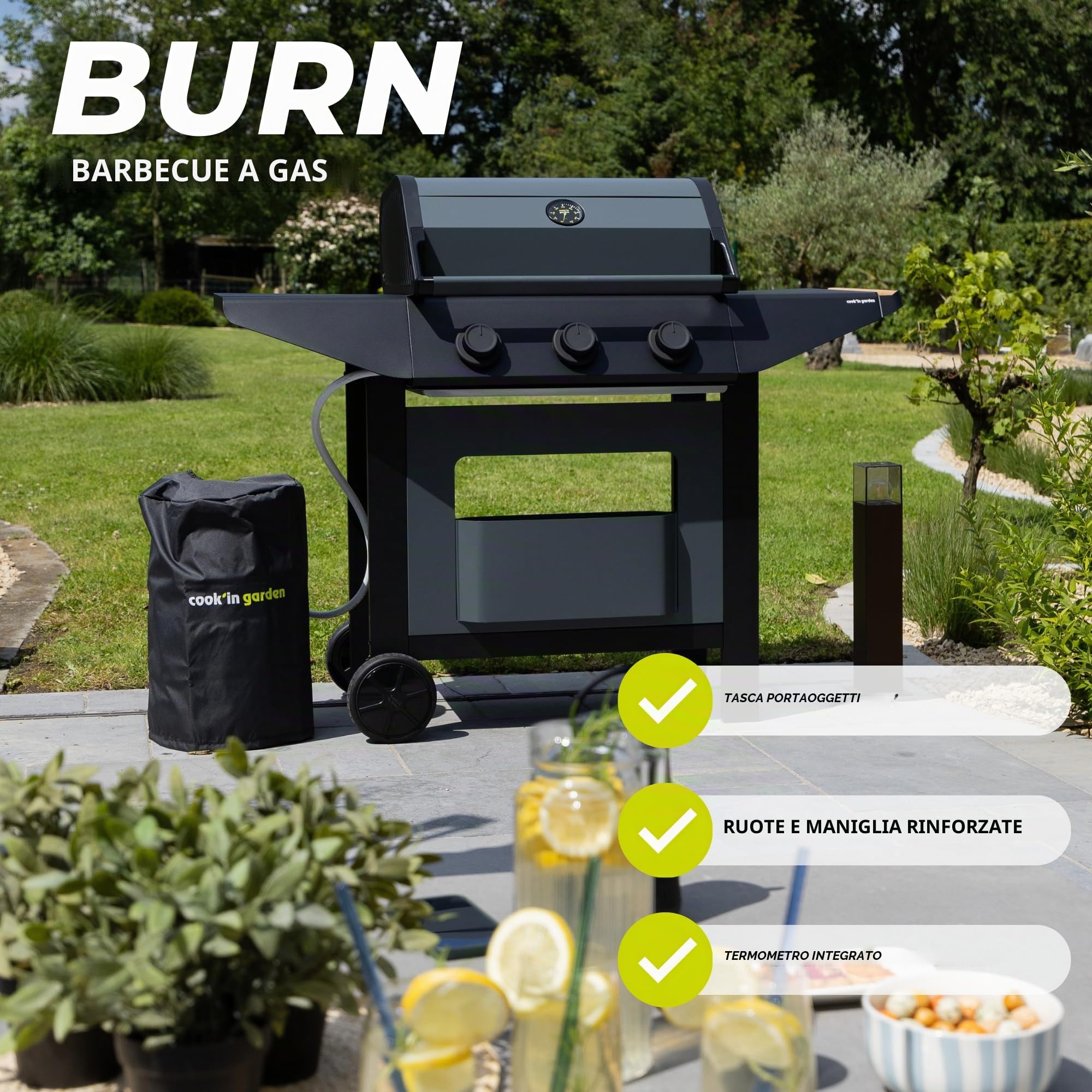 Cook'in Garden - Cucina Esterna a Gas BURN, Barbecue Modulabile con Angolo, 3 Bruciatori, Diverse Configurazioni Possibili, Dritto, Angolo Sinistra o Dritto, Ruote Multidirezionali
