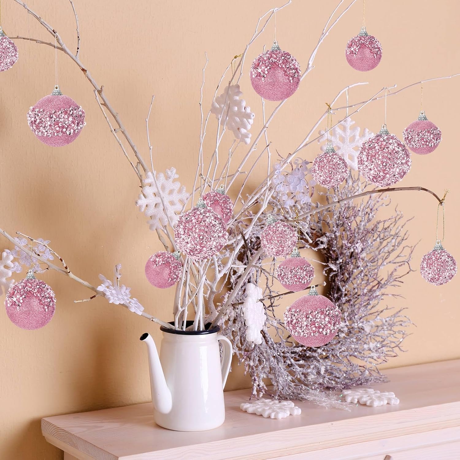 Poen 24 Pcs Glitter Christmas Ball Ornaments Set Christmas Tree Ornaments Hanging Sequin Foam Xmas Balls Decoration for Xmas Tree Wreath Garland Home Decor Wedding Party(Pink) - Image 6