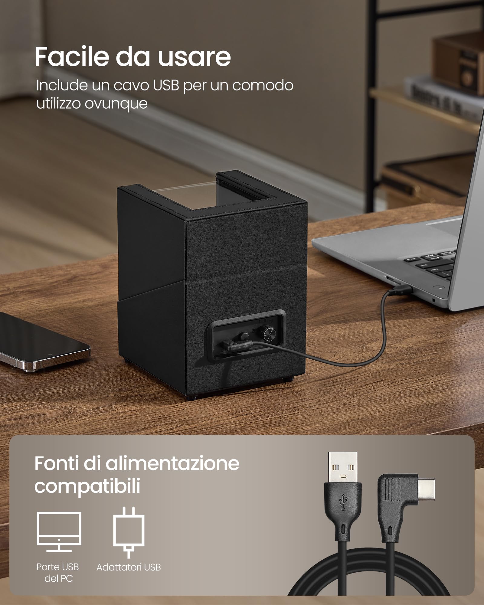 SONGMICS Carica Orologi, Caricatore Automatico Doppio per 1 Orologio con Motore Silenzioso, con LED, Cuscino Regolabile, Chiusura, 4 Impostazioni, con un Cavo di Ricarica USB-C, Nero JWB031B01