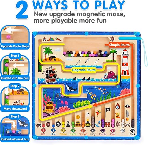 Miniatura 2 de Laberinto magnético de color y números, 2 formas de juego, juguetes Montessori para niños de 3, 4 y 5 años, tablero de laberinto magnético de madera