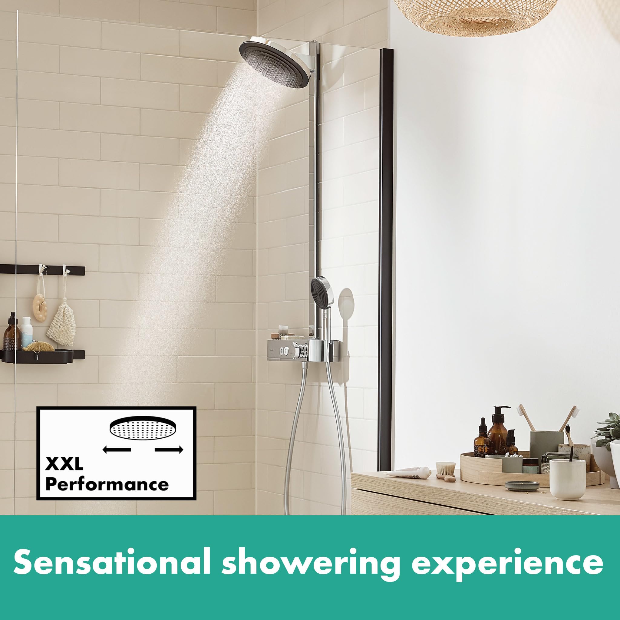 hansgrohe Pulsify S - komplet prysznicowy z termostatem, zestaw prysznicowy z główką prysznicowa, wąż, szyna i deszczownica okrągła 2-strumieniowa, chrom, 24240000