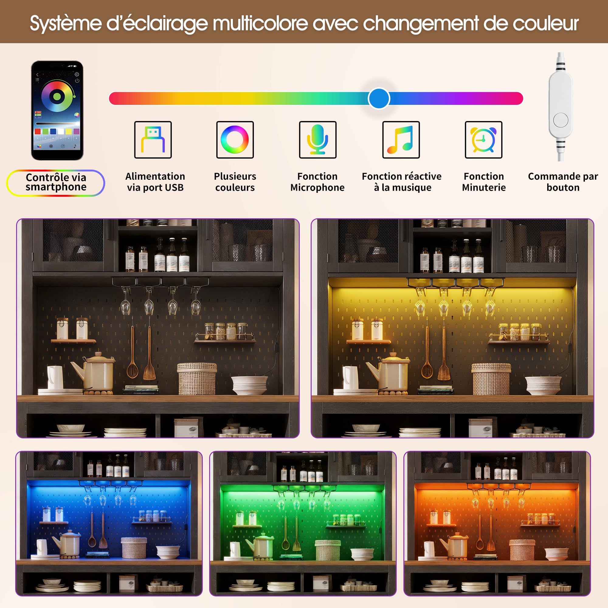 Buffet de Cuisine Haut 174,5 cm avec Plan de Travail, LED RGB, USB et Prise Intégrée, Panneau Perforé, Portes Coulissantes et Rangements Multifonctions, Noir-1