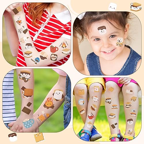 Marshmallow Temporary Tattoo for Kids - 24Pcs Fall Cute Smores Tattoo Stickers Cotton Candy Themed Camping Party Decorations Waterproof Decal Stickers Goodie Bags School Prizes for Boys Girls