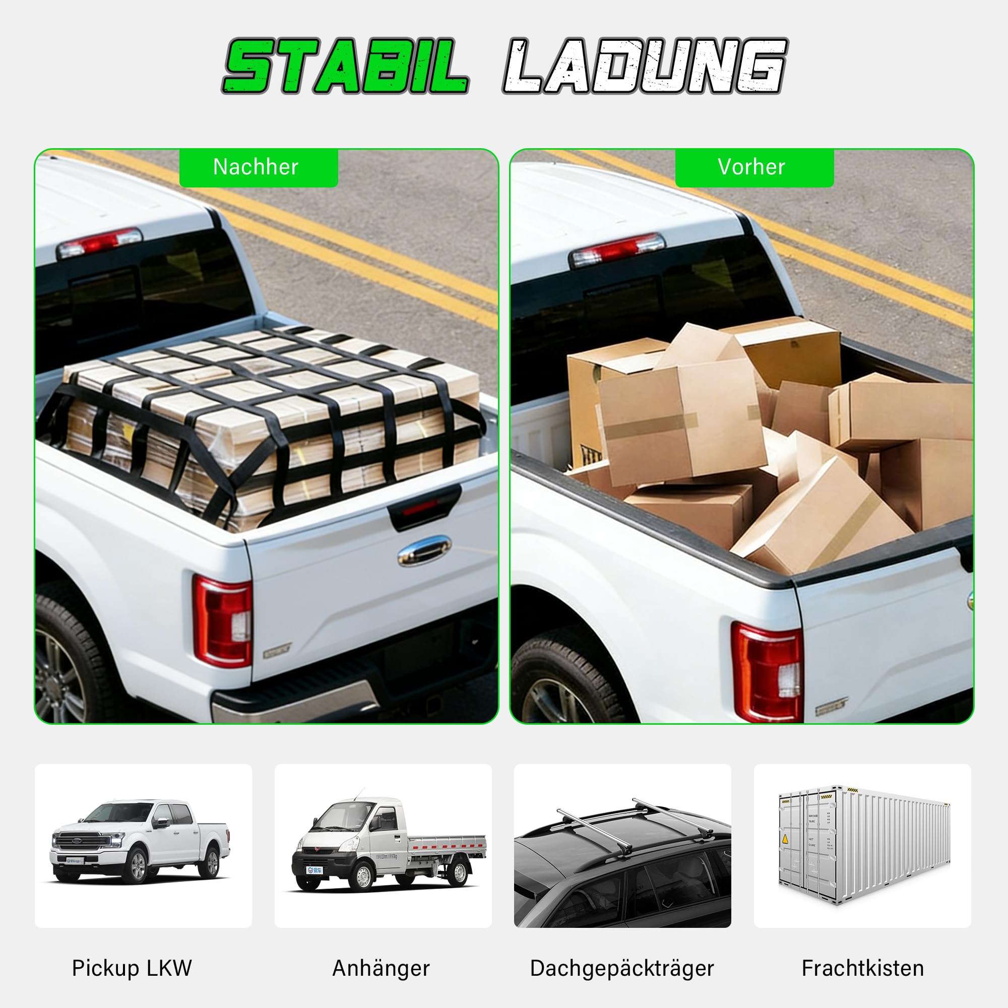 STARLEAPARTS Gepäcknetz für Pickup LKW 1,27x1,07m, Cargo Net für Anhänger, BS:500KG, S Haken, Frachtnetz Reißfest mit 4 Festen Gurten, Verstellbar Ladungssicherungsnetz für SUV Truck Auto
