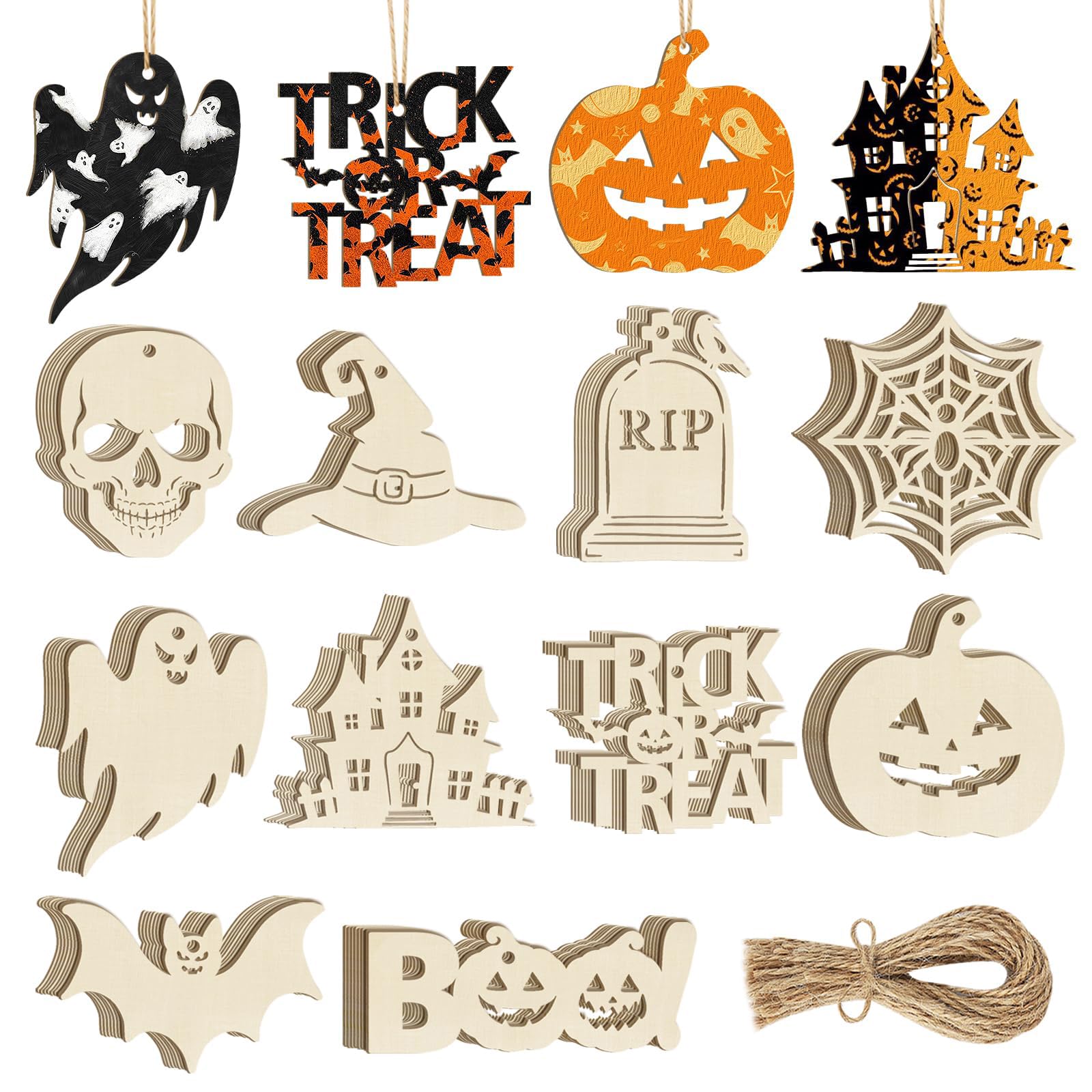Yunvisty 30 Pcs Halloween Crafts for Kids DIY Wooden Craft Shapes Set