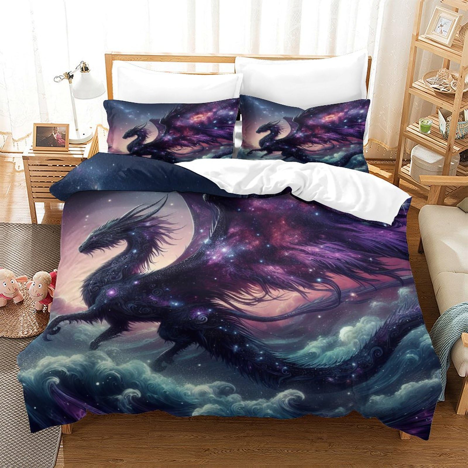 TNFHSOFT Flying Dragon Duvet Cover Set Inch 3 Piece Printing Cool Animals Soft Comfortable Hypoallergenic With Zipper Closure for Kids Teens Adults King（220x240cm）