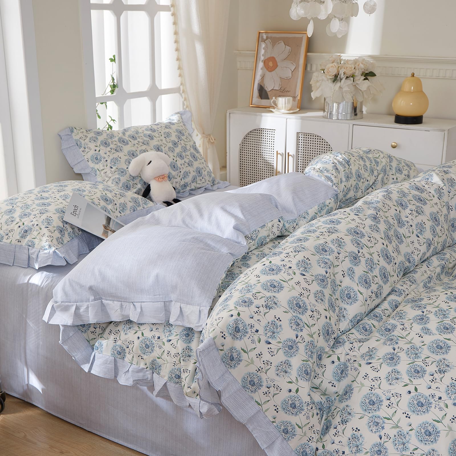 MKXI Queen Size Blue Floral Comforter Set, 3-Piece Ruffled Lace Bedding