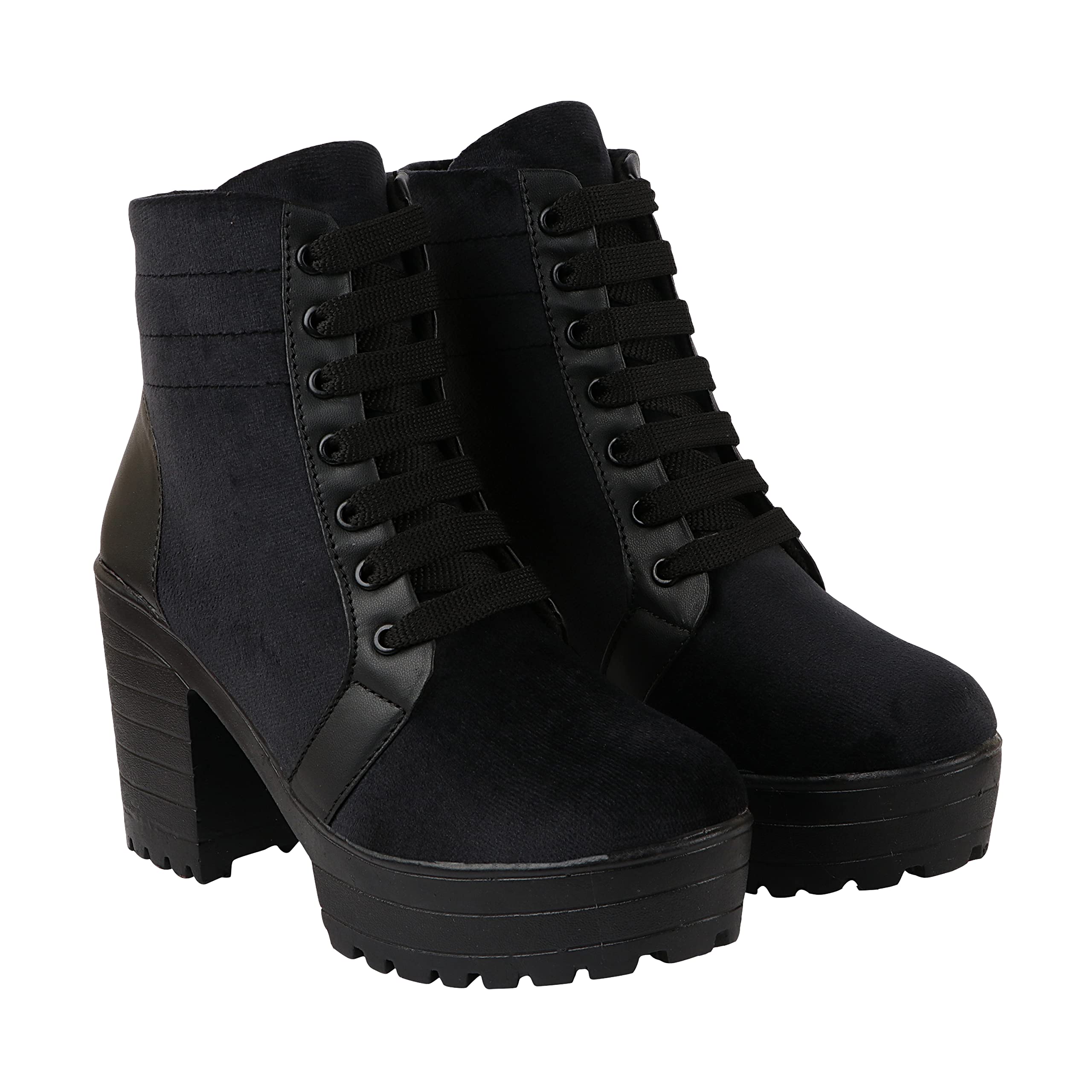 Women Black Block Heeled Lace Up Boot